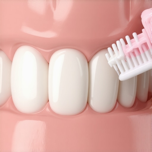 Gentle Brushing Technique for Enamel Protection Close-up of a soft toothbrush applying gentle pressure to a tooth to demonstrate proper oral care nuances.
