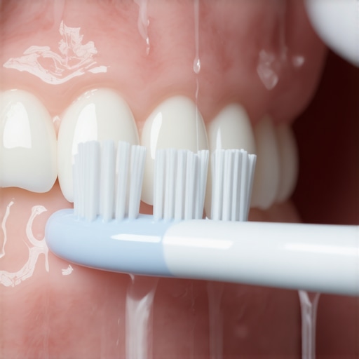 A macro view of a soft toothbrush cleaning teeth properly to prevent gum recession.