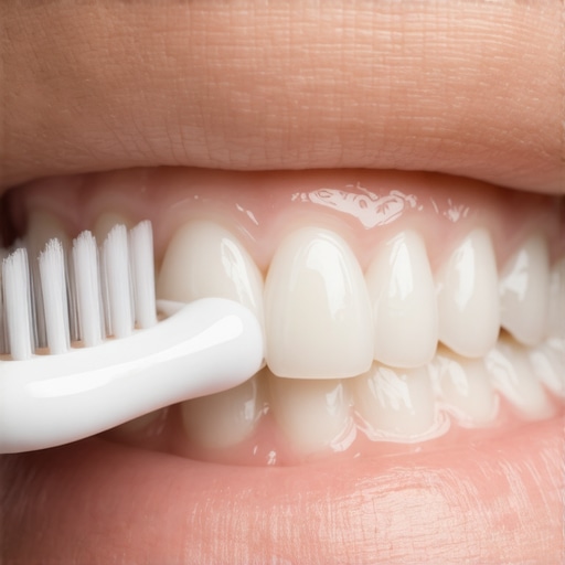 Gentle Brushing Technique for Impaction Close-up of soft bristles positioned at the gingival margin for safe cleaning