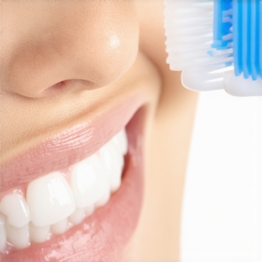 Close up of a soft toothbrush being used at a 45-degree angle on healthy teeth to prevent enamel wear.