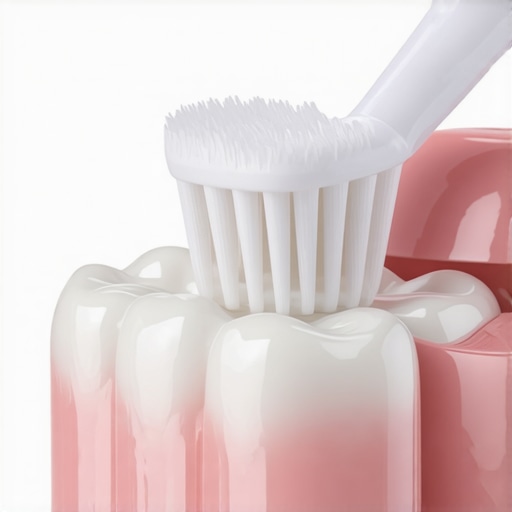 Close-up of a soft toothbrush cleaning around a dental implant crown and gums.