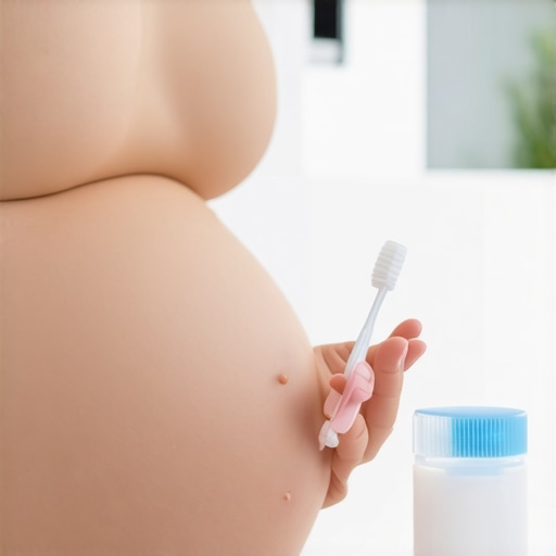 Gentle Oral Care Routine for Pregnancy Gingivitis A pregnant woman preparing for a gentle teeth cleaning routine using soft tools to manage gum inflammation.