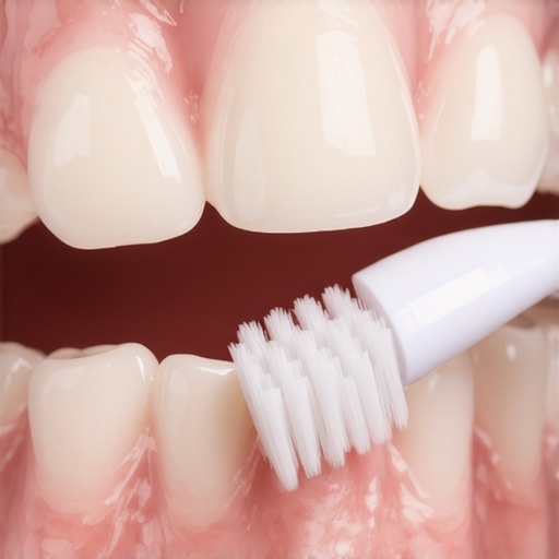 Close-up of a soft toothbrush cleaning porcelain veneers at the gum line.