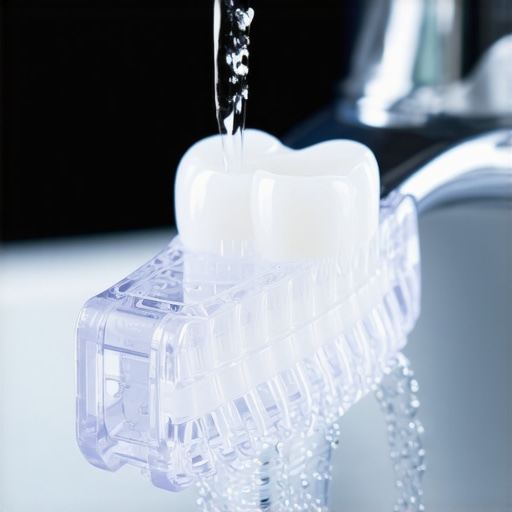 A person cleaning a clear retainer with a soft toothbrush and water to maintain oral hygiene.