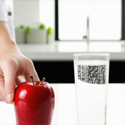 A fresh red apple and a glass of water on a bright kitchen counter