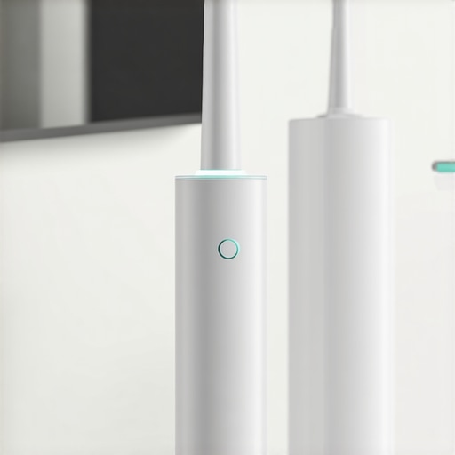 High-Tech Dental Care Tools An electric toothbrush with a pressure sensor and a water flosser on a bathroom counter representing modern oral hygiene.