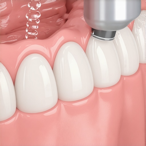 Modern water flosser cleaning a dental bridge.