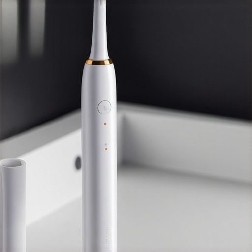 High-Tech Dental Maintenance Tools Close-up of a modern electric toothbrush and water flosser on a bathroom counter representing advanced oral care maintenance.