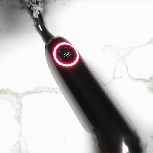 An electric toothbrush displaying a pressure sensor light to protect dental veneers.