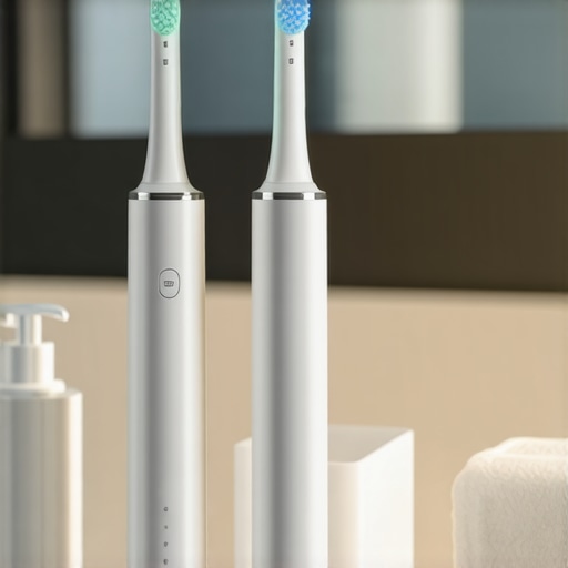 A sonic toothbrush and water flosser on a marble bathroom counter.