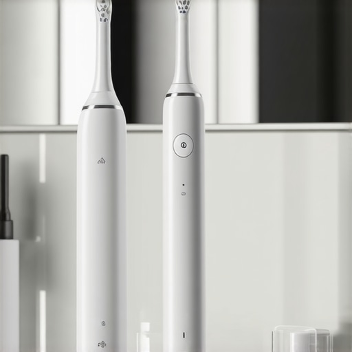 A sonic electric toothbrush and a water flosser sitting on a modern bathroom counter.