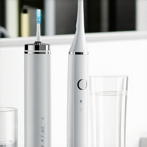 A modern electric toothbrush and water flosser on a bathroom counter for oral health maintenance.