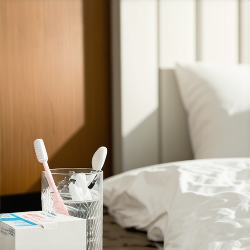 A glass of water and soft toothbrush on a bedside table.