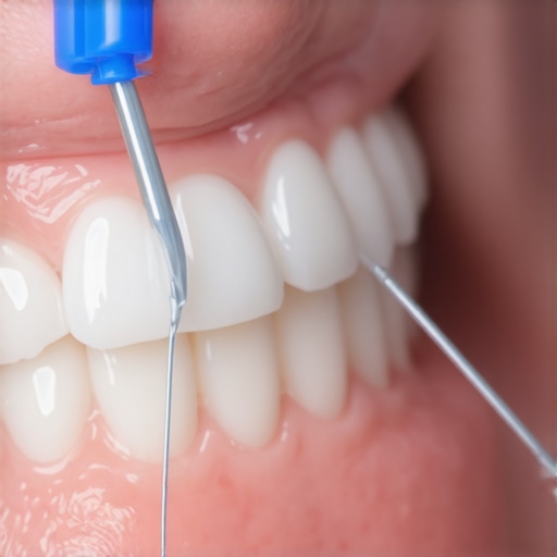A person demonstrating the use of a dental floss threader for bridge hygiene.