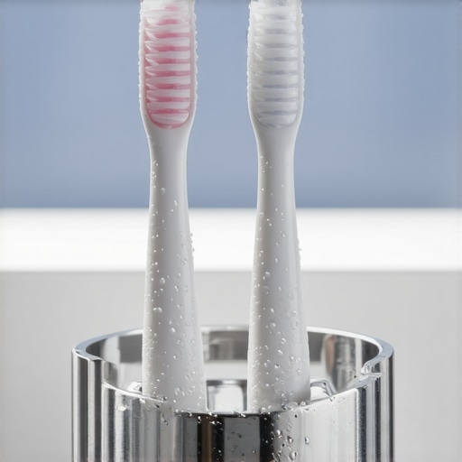 A clean toothbrush standing upright in a ventilated holder to prevent bacterial growth.