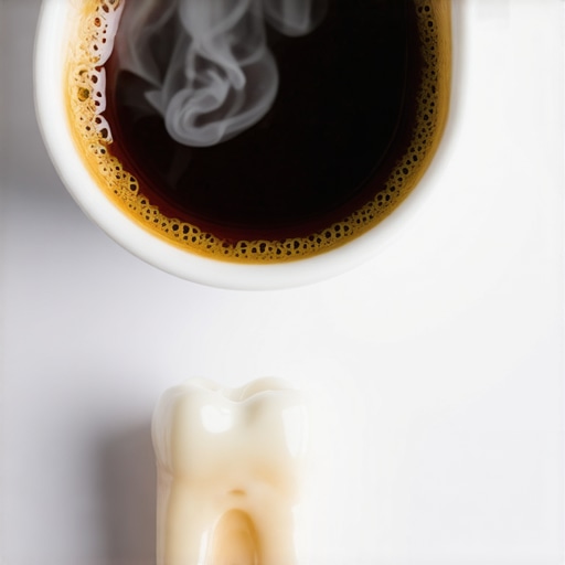 A steaming cup of coffee and a tooth model representing dental sensitivity.
