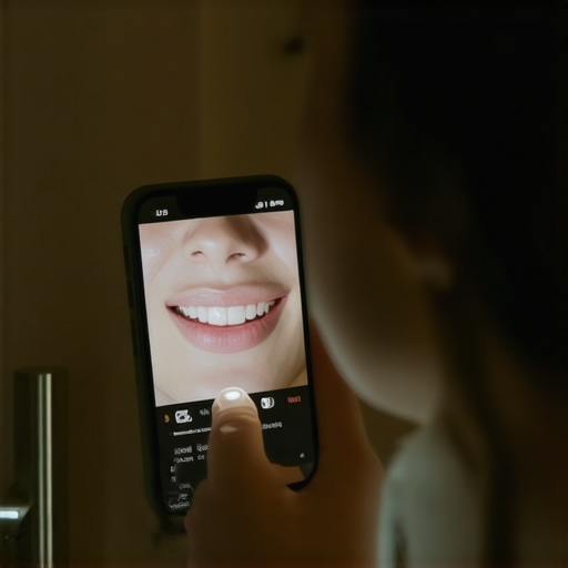 Close-up of a person checking their gums for signs of a dental abscess using a mirror and phone light.