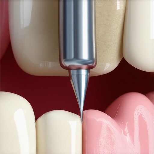 A dentist inspecting the margin of a dental bonding restoration on a front tooth to prevent microleakage.