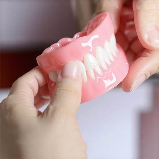 A person carefully examining a full set of dentures to identify areas causing gum irritation.