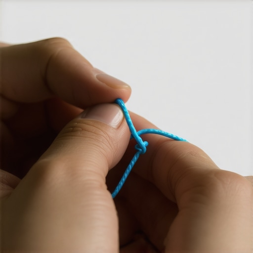 A demonstration of how to tie a knot in dental floss to remove food particles from gums.