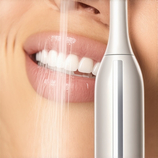 Maintaining a Dental Bridge with a Water Flosser Close up of a water flosser cleaning a dental bridge to prevent gum recession.