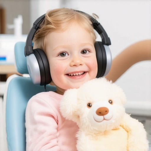 Child with noise-canceling headphones in a dental office