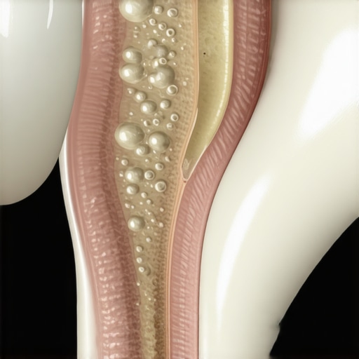 Close-up of a microscopic gap between a dental bridge and a natural tooth showing potential for bacteria entry.