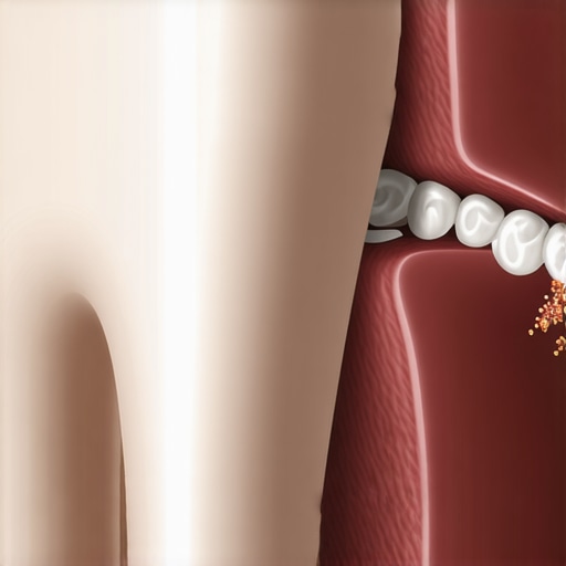 3D illustration showing how bacteria hide in the tiny gap between a dental crown and the gum line.