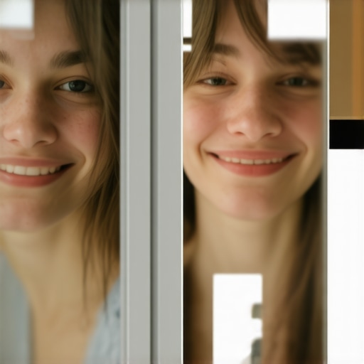 Comparison of a smile in a mirror and a smartphone selfie to show lens distortion.