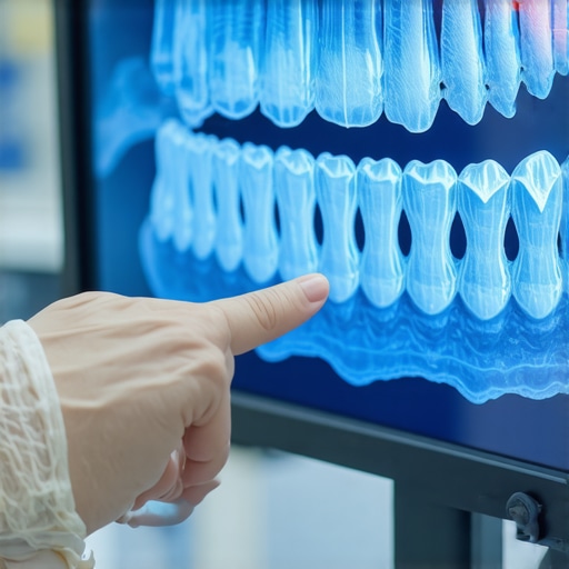 A dentist explaining a 3D digital scan of teeth and jawbone to a patient in a modern clinic.