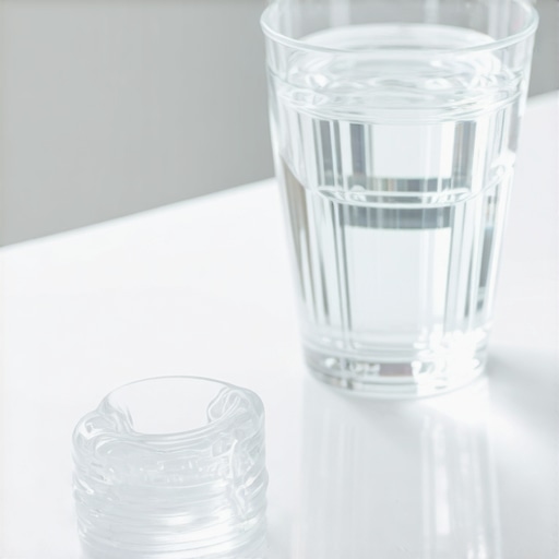 A clear orthodontic retainer sitting on a bathroom counter