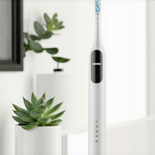Modern Dental Hygiene Tools High-tech electric toothbrush and water flosser on a bathroom counter