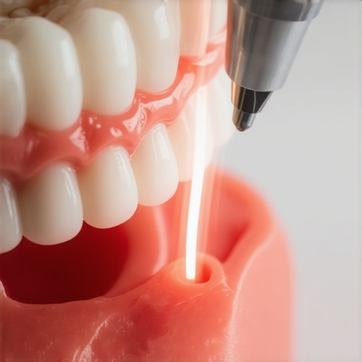 Modern Dental Laser Technology in Action Close-up of a dental laser used for periodontal treatment showing precision and light-based technology.
