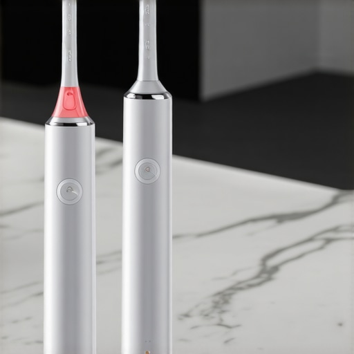 Modern Dental Maintenance Tools Electric toothbrush with pressure sensor and water flosser on a bathroom counter