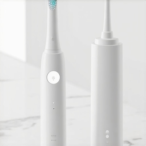 Modern Dental Maintenance Tools Electric toothbrush with pressure sensor and a water flosser on a bathroom vanity.