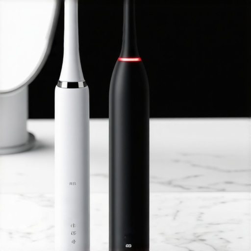 An electric toothbrush and water flosser on a bathroom vanity.