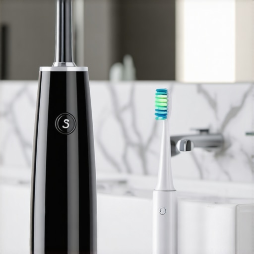 High-tech water flosser and electric toothbrush on a bathroom counter representing advanced oral care.