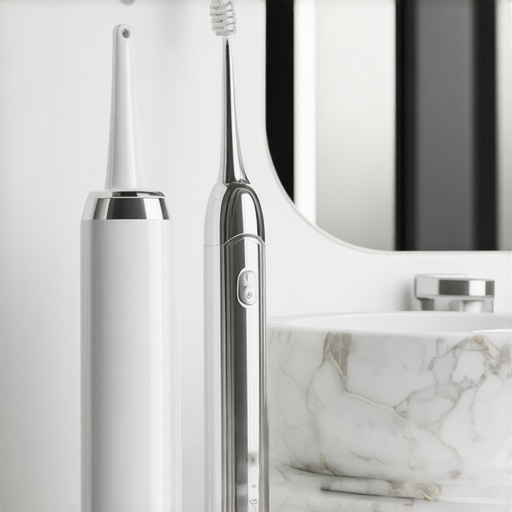 A collection of advanced teeth cleaning tools including a water flosser and dental mirror on a bathroom counter.