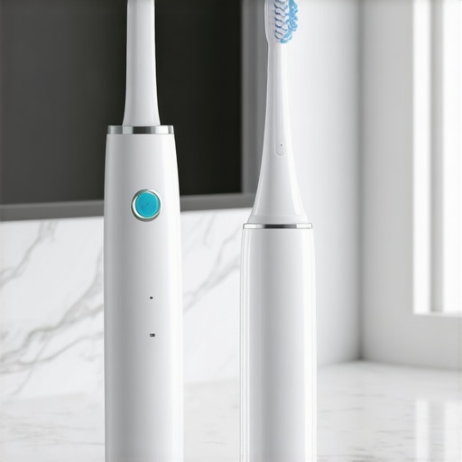 Modern Dental Tools for Home Care Electric toothbrush and water flosser on a bathroom counter representing modern oral hygiene.