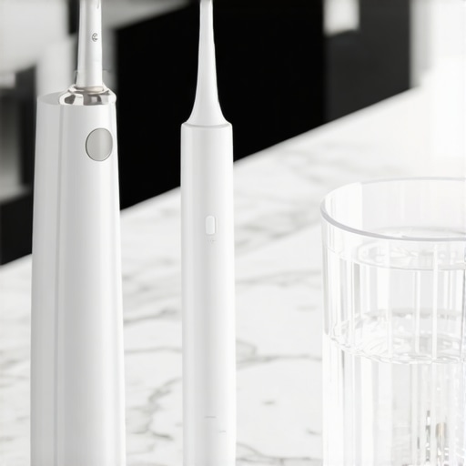 An ultrasonic toothbrush and water flosser on a bathroom counter representing advanced home oral care.