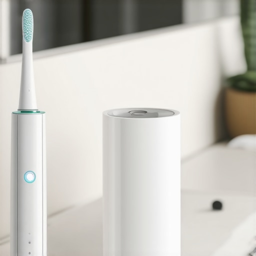 Modern Dental Tools for Long Term Care High-tech electric toothbrush and water flosser on a bathroom vanity