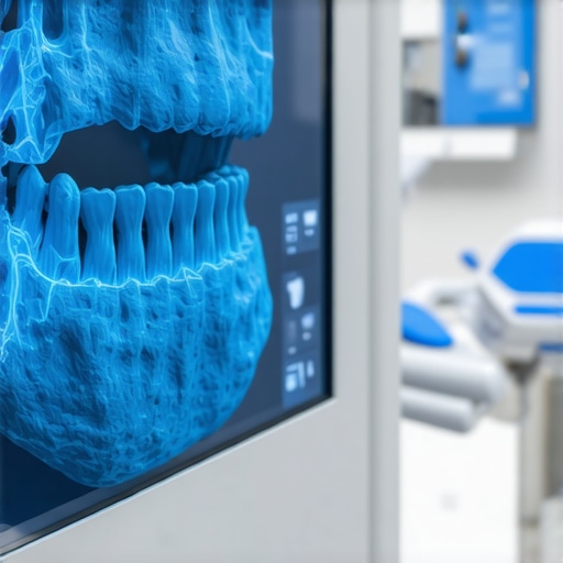 A 3D digital scan of teeth on a monitor in a modern dental clinic used for implant planning.