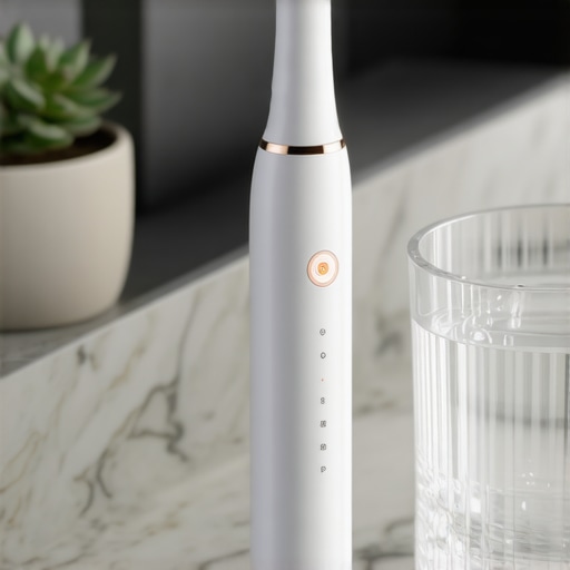 Modern Electric Toothbrush for Professional Maintenance An electric toothbrush with a pressure sensor on a bathroom counter representing advanced oral health maintenance.