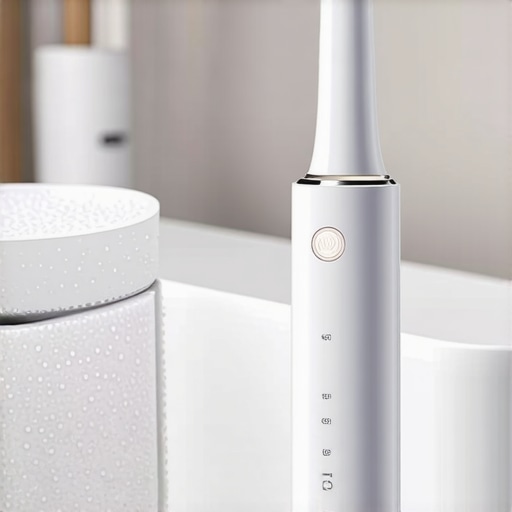Modern Electric Toothbrush with Pressure Sensor An electric toothbrush displaying a pressure sensor light on a bathroom counter