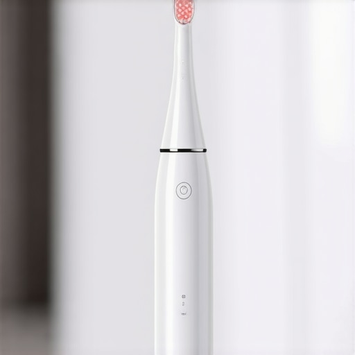 A high-tech electric toothbrush showing a red light pressure sensor for gentle enamel protection.