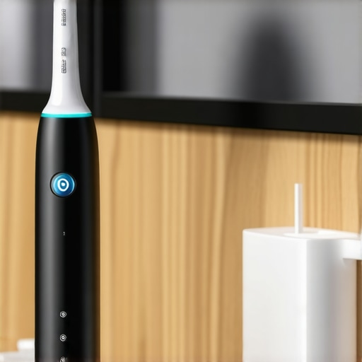 An electric toothbrush and water flosser sitting on a modern bathroom counter, showcasing advanced tools for family dentistry.