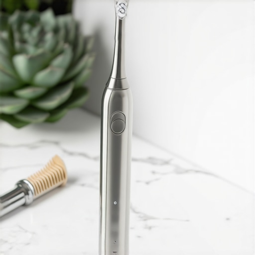 Professional tongue scraper and electric toothbrush on a marble counter representing advanced oral hygiene.