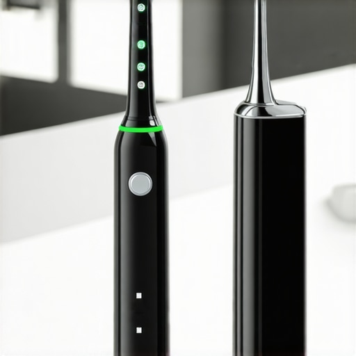 High-tech electric toothbrush and water flosser on a bathroom counter for oral hygiene maintenance.