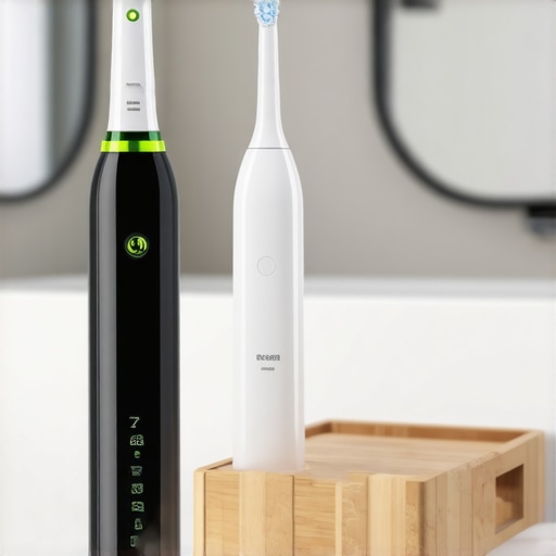 Modern Home Dental Maintenance Tools High-end electric toothbrush and water flosser on a minimalist bathroom counter for oral health maintenance