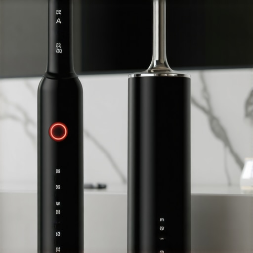 Modern Home Oral Care Tools for Enamel Maintenance Advanced dental tools including an electric toothbrush with pressure sensor and a water flosser for enamel protection.